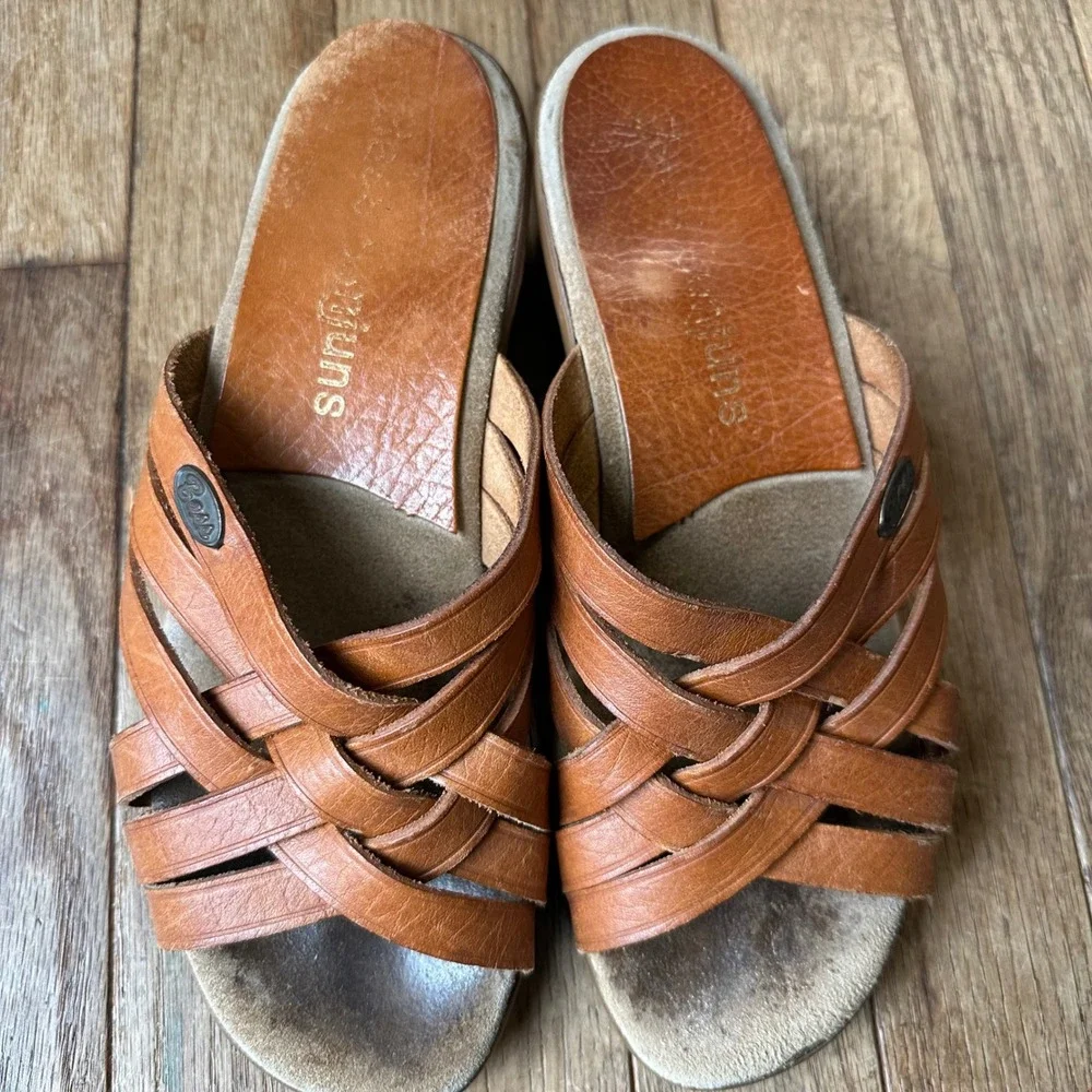 Vintage 80s Bass Sunjuns Women's Brown Leather Woven Wedge Slide‎ Sandals 7.5